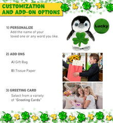 DolliBu Sparkling Big Eye Penguin Stuffed Toy with Green Plush Shamrock, 9 Inch