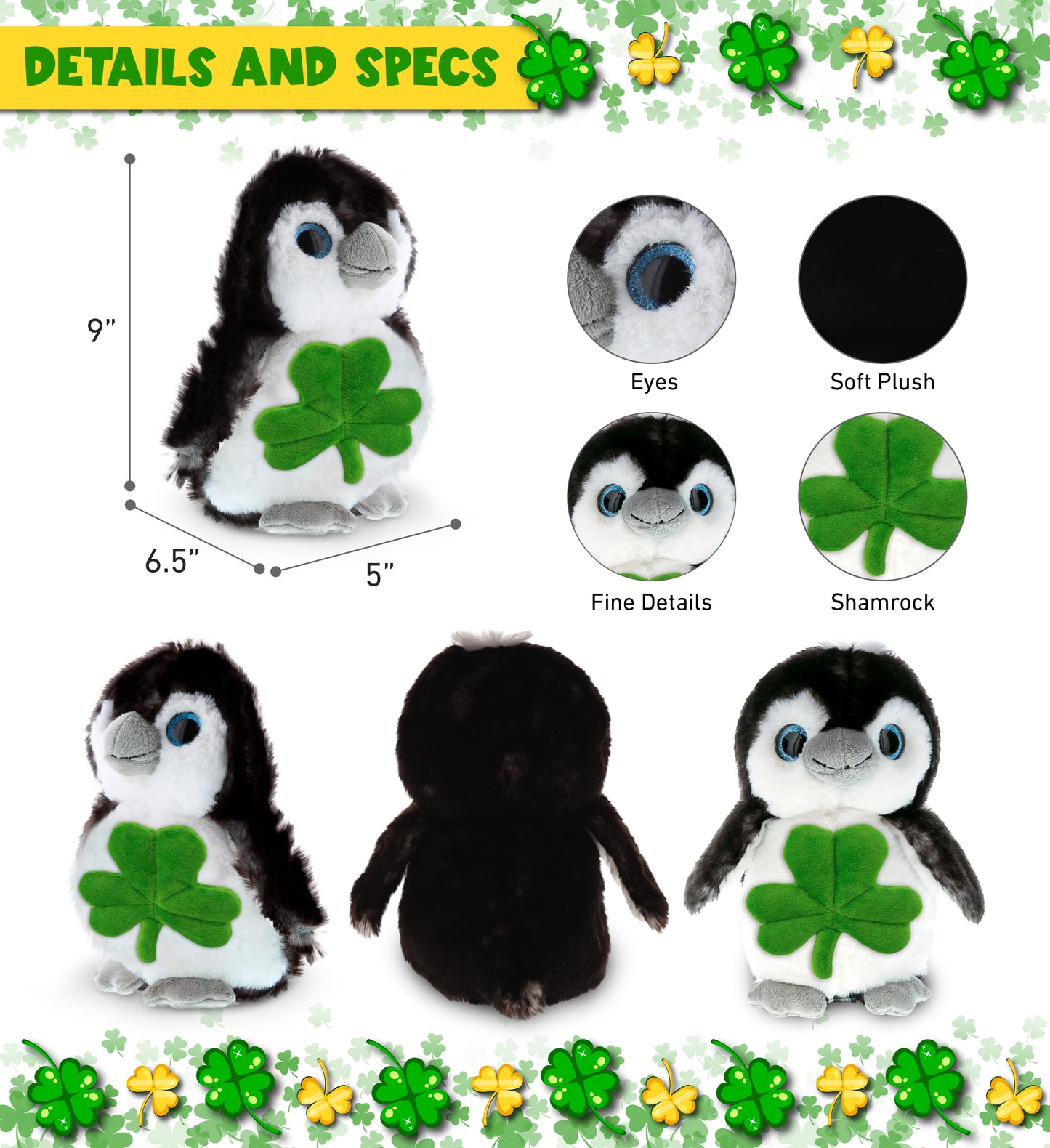 DolliBu Sparkling Big Eye Penguin Stuffed Toy with Green Plush Shamrock, 9 Inch