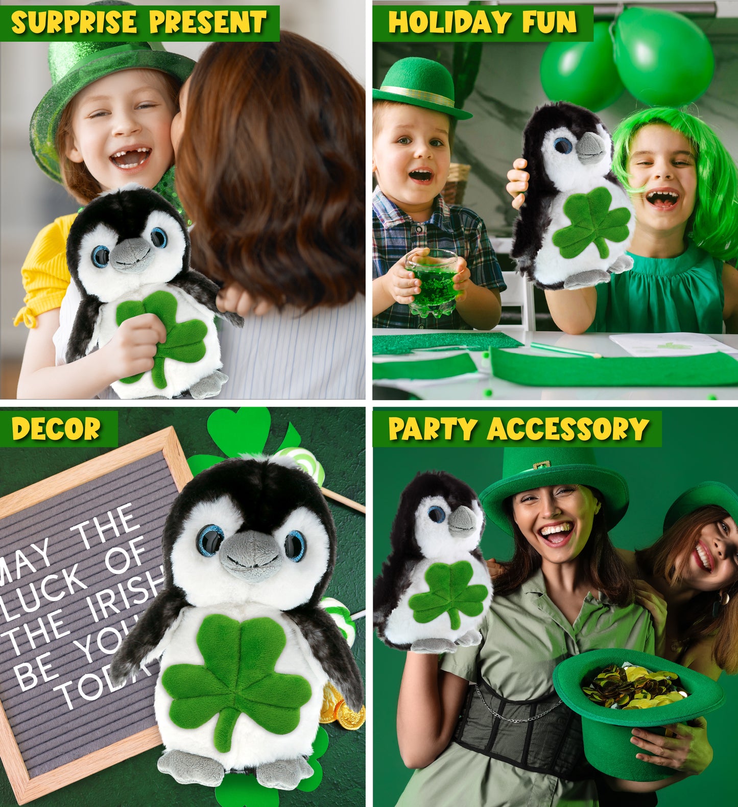 DolliBu Sparkling Big Eye Penguin Stuffed Toy with Green Plush Shamrock, 9 Inch