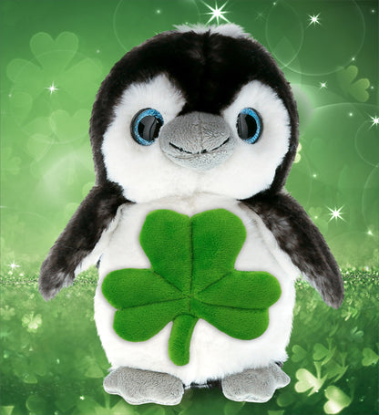 DolliBu Sparkling Big Eye Penguin Stuffed Toy with Green Plush Shamrock, 9 Inch