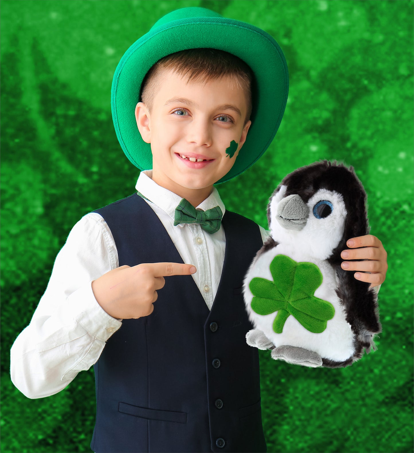 DolliBu Sparkling Big Eye Penguin Stuffed Toy with Green Plush Shamrock, 9 Inch