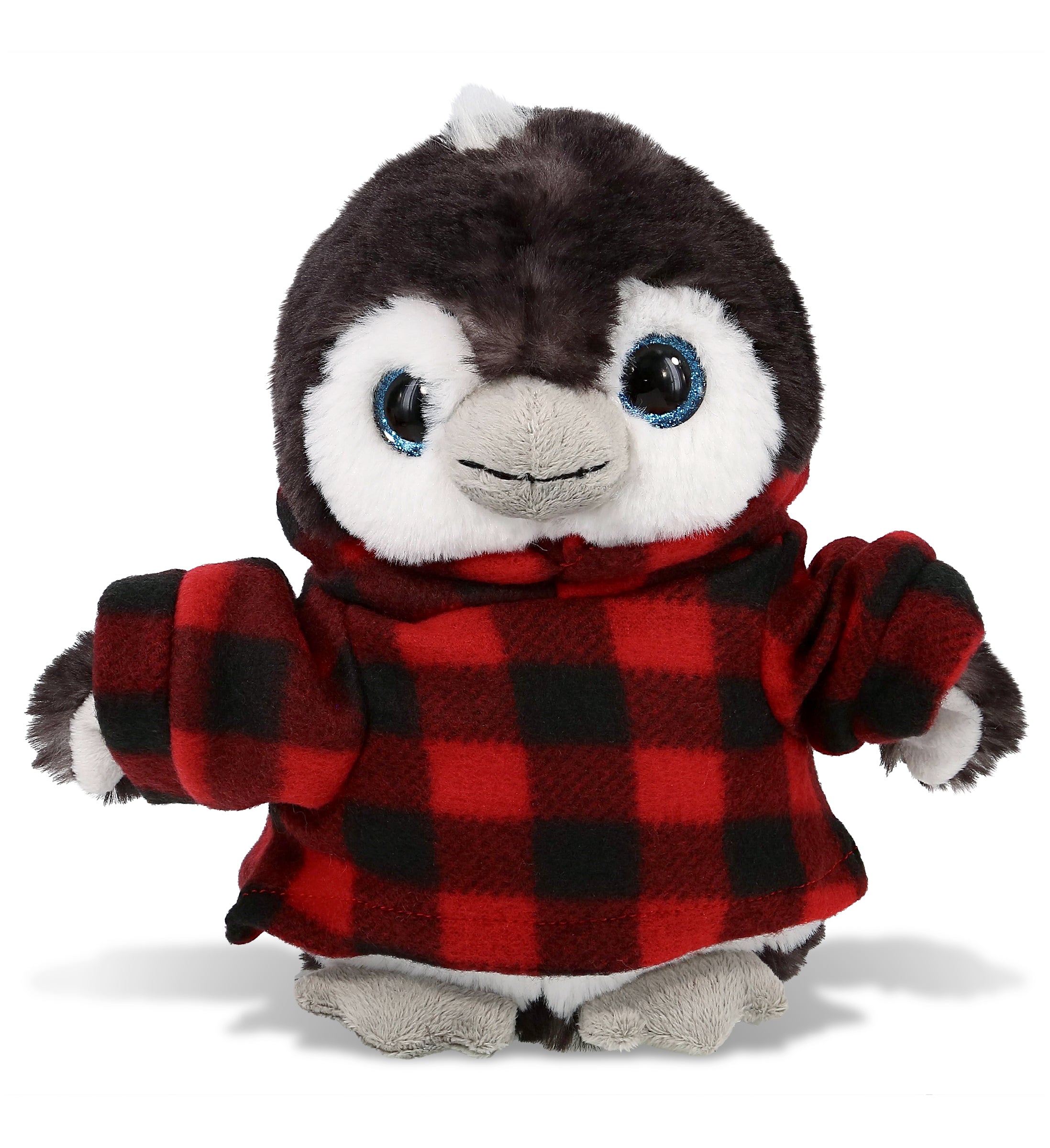 PLUSH RED PLAID HOODIE - SUPER SOFT PLUSH - GREY PENGUIN 9 INCH