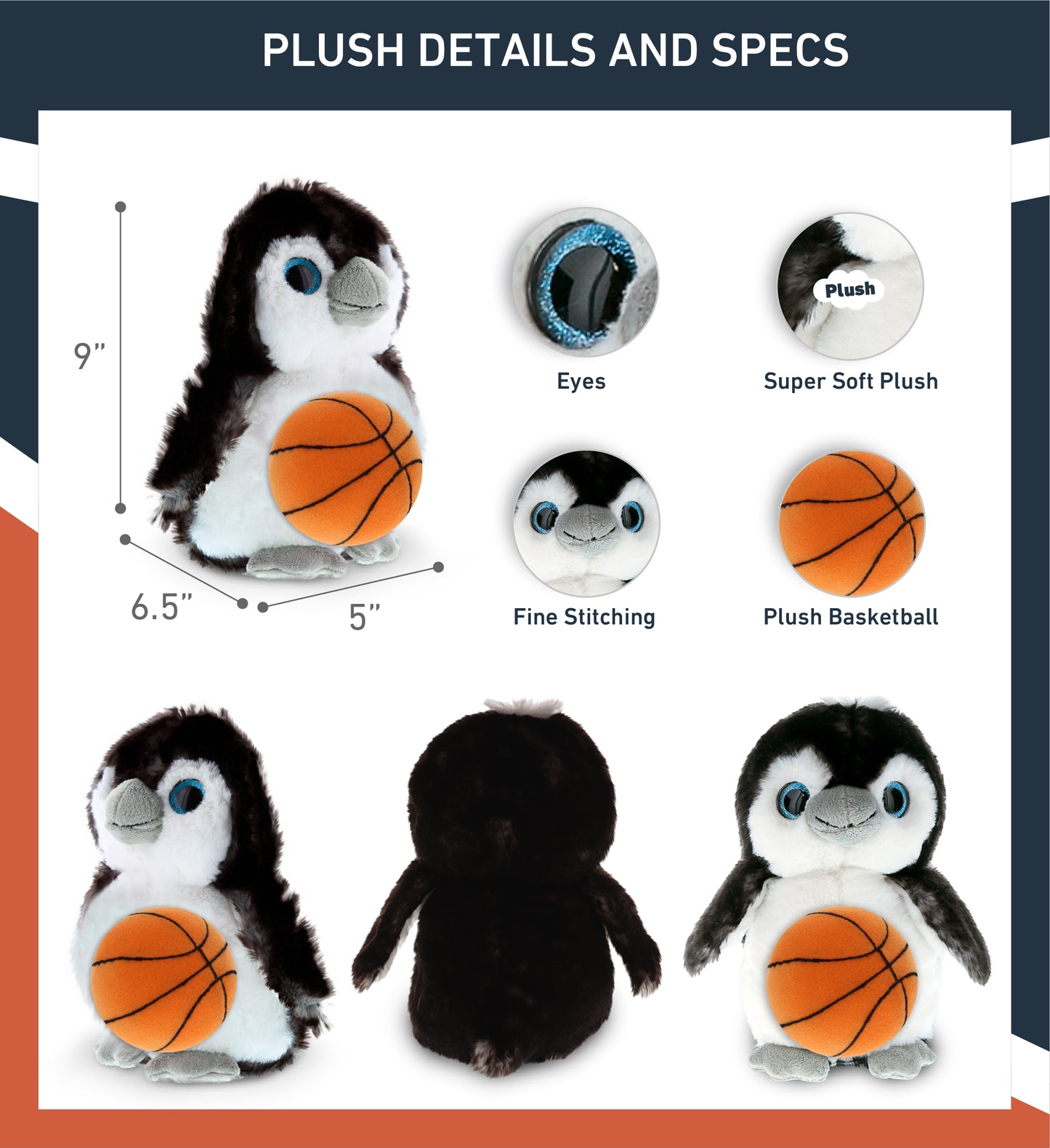 SUPER SOFT PLUSH - GREY PENGUIN 9 INCH WITH BASKETBALL PLUSH