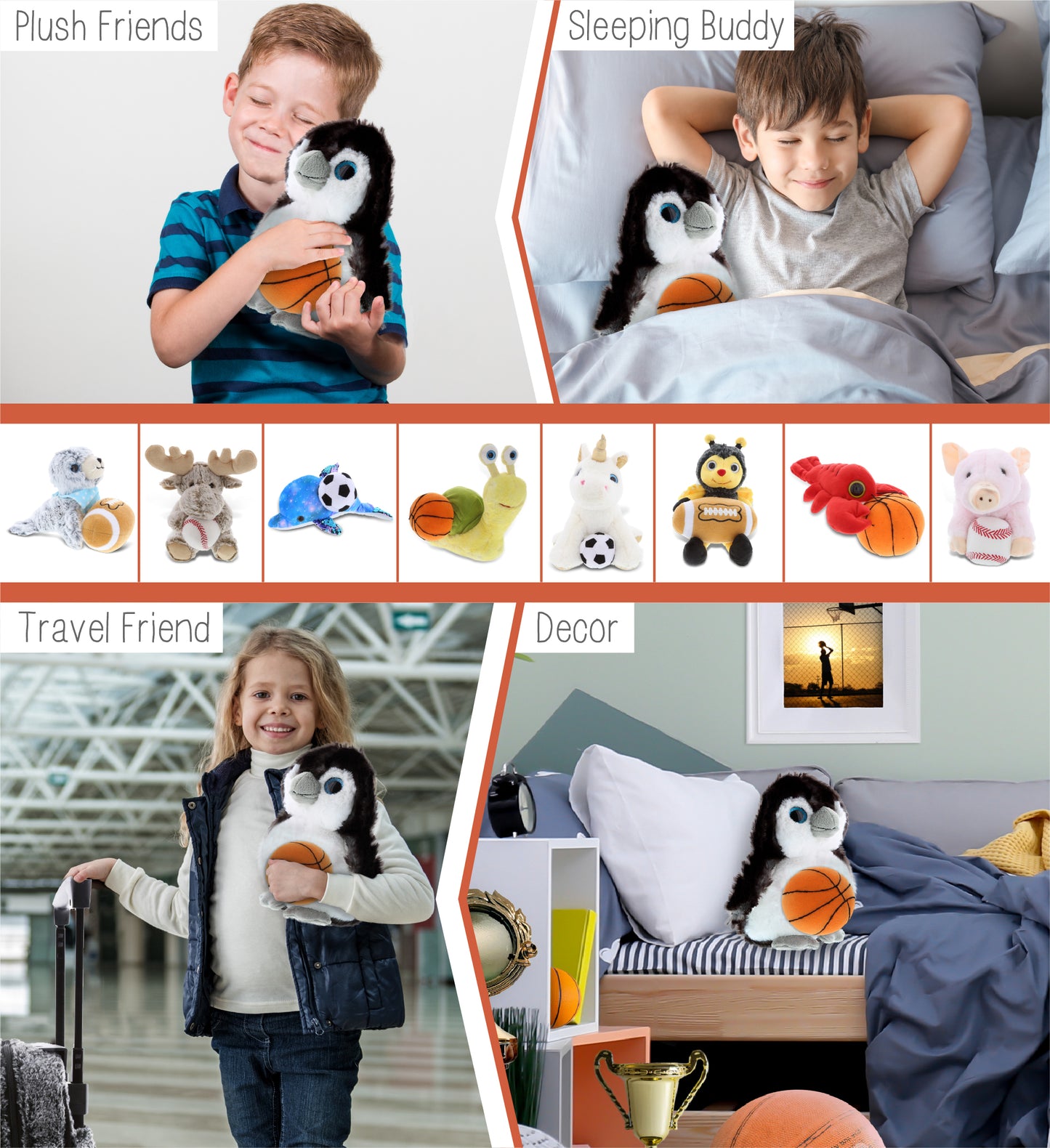 SUPER SOFT PLUSH - GREY PENGUIN 9 INCH WITH BASKETBALL PLUSH