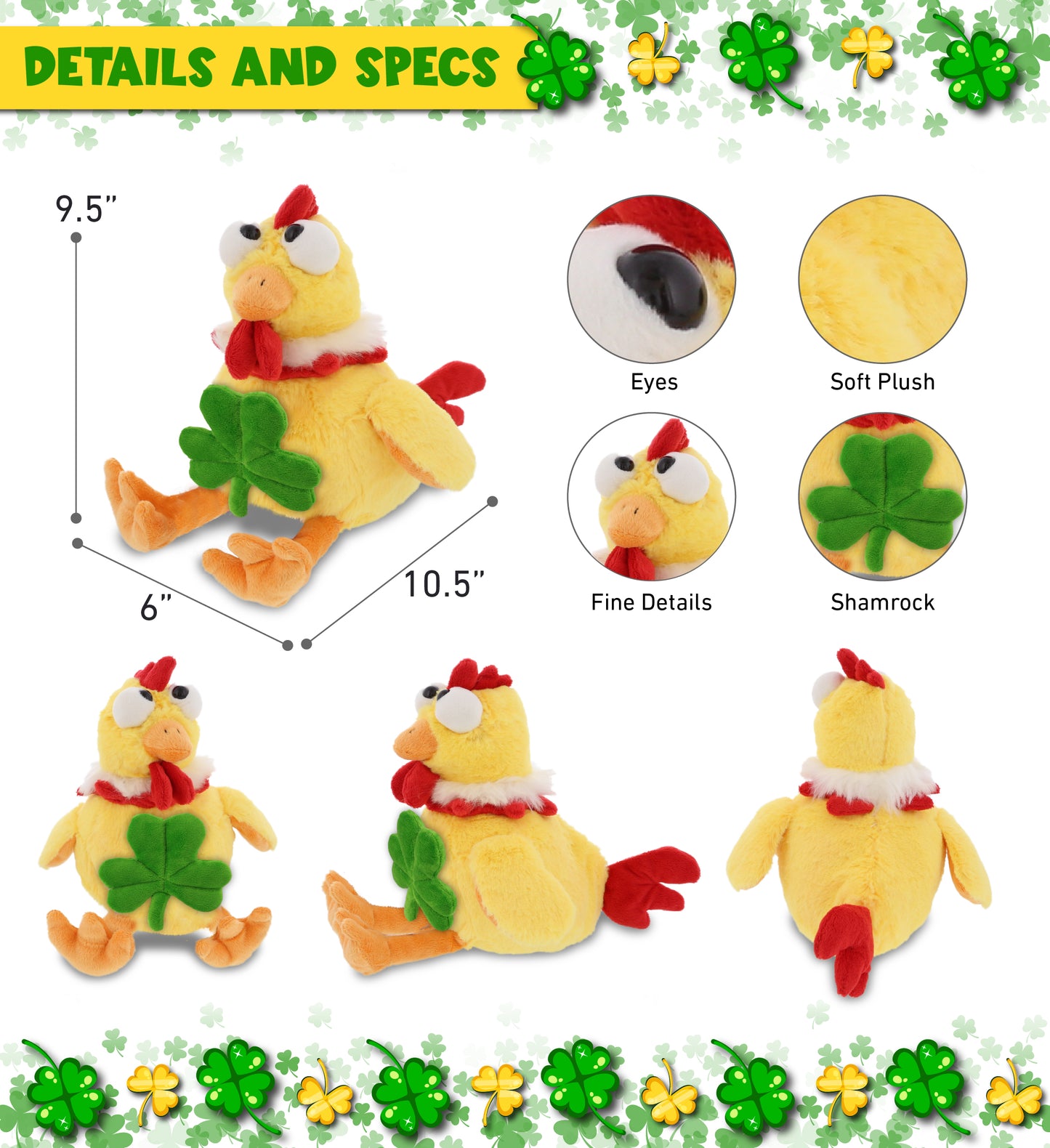 DolliBu Yellow Rooster Stuffed Animal with Green Plush Shamrock - 10.5 Inches