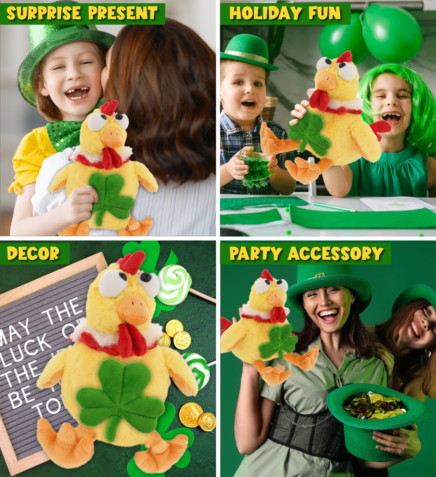 DolliBu Yellow Rooster Stuffed Animal with Green Plush Shamrock - 10.5 Inches