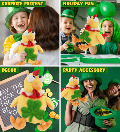 DolliBu Yellow Rooster Stuffed Animal with Green Plush Shamrock - 10.5 Inches