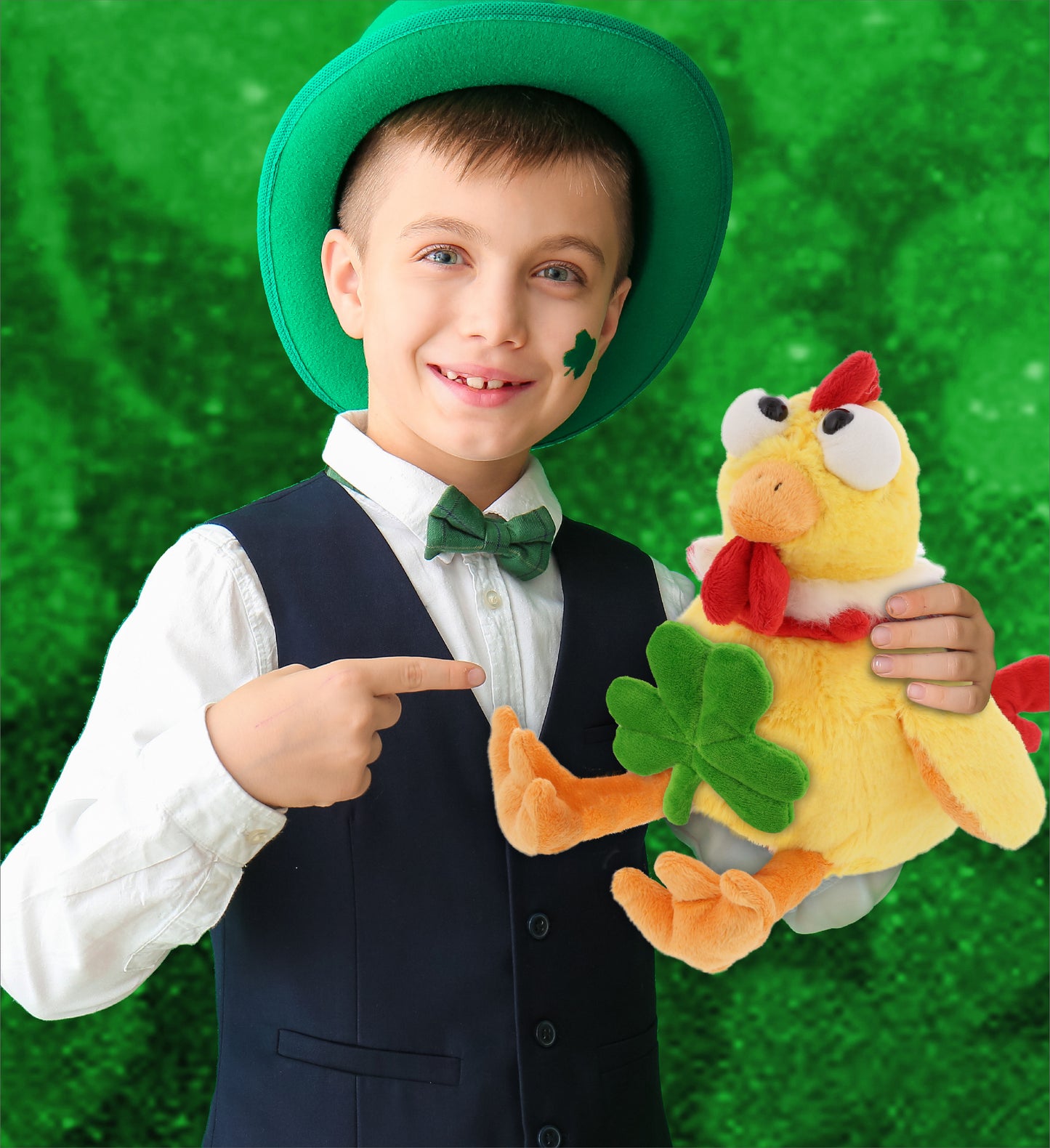 DolliBu Yellow Rooster Stuffed Animal with Green Plush Shamrock - 10.5 Inches