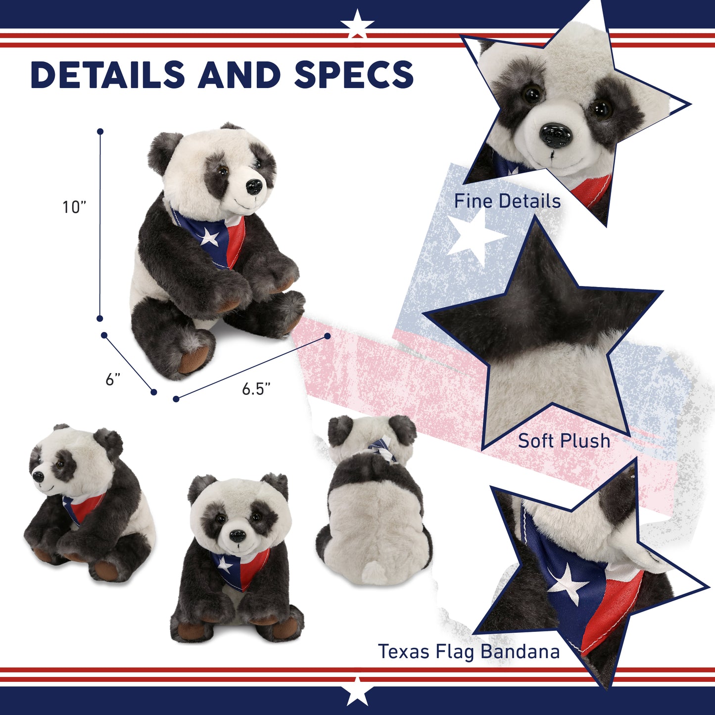 SUPER SOFT PLUSH - SQUAT PANDA 7 INCH WITH TEXAS FLAG BANDANA