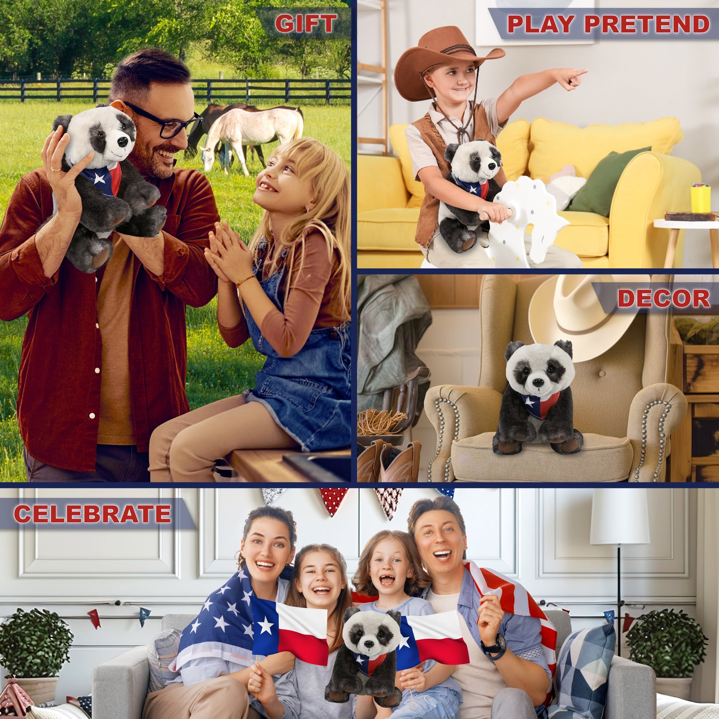 SUPER SOFT PLUSH - SQUAT PANDA 7 INCH WITH TEXAS FLAG BANDANA