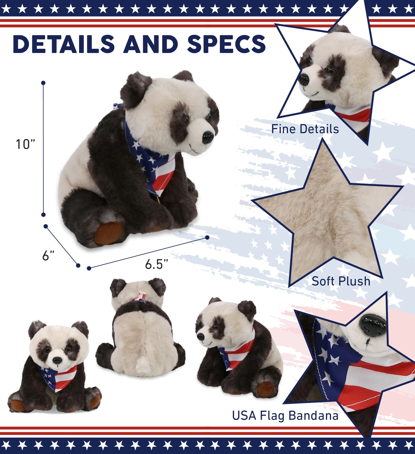 SUPER SOFT PLUSH - SQUAT PANDA 7 INCH WITH USA FLAG BANDANA