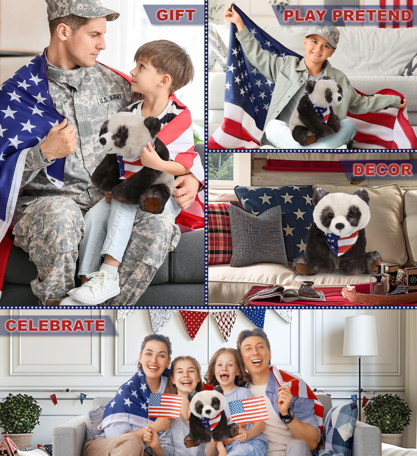 SUPER SOFT PLUSH - SQUAT PANDA 7 INCH WITH USA FLAG BANDANA