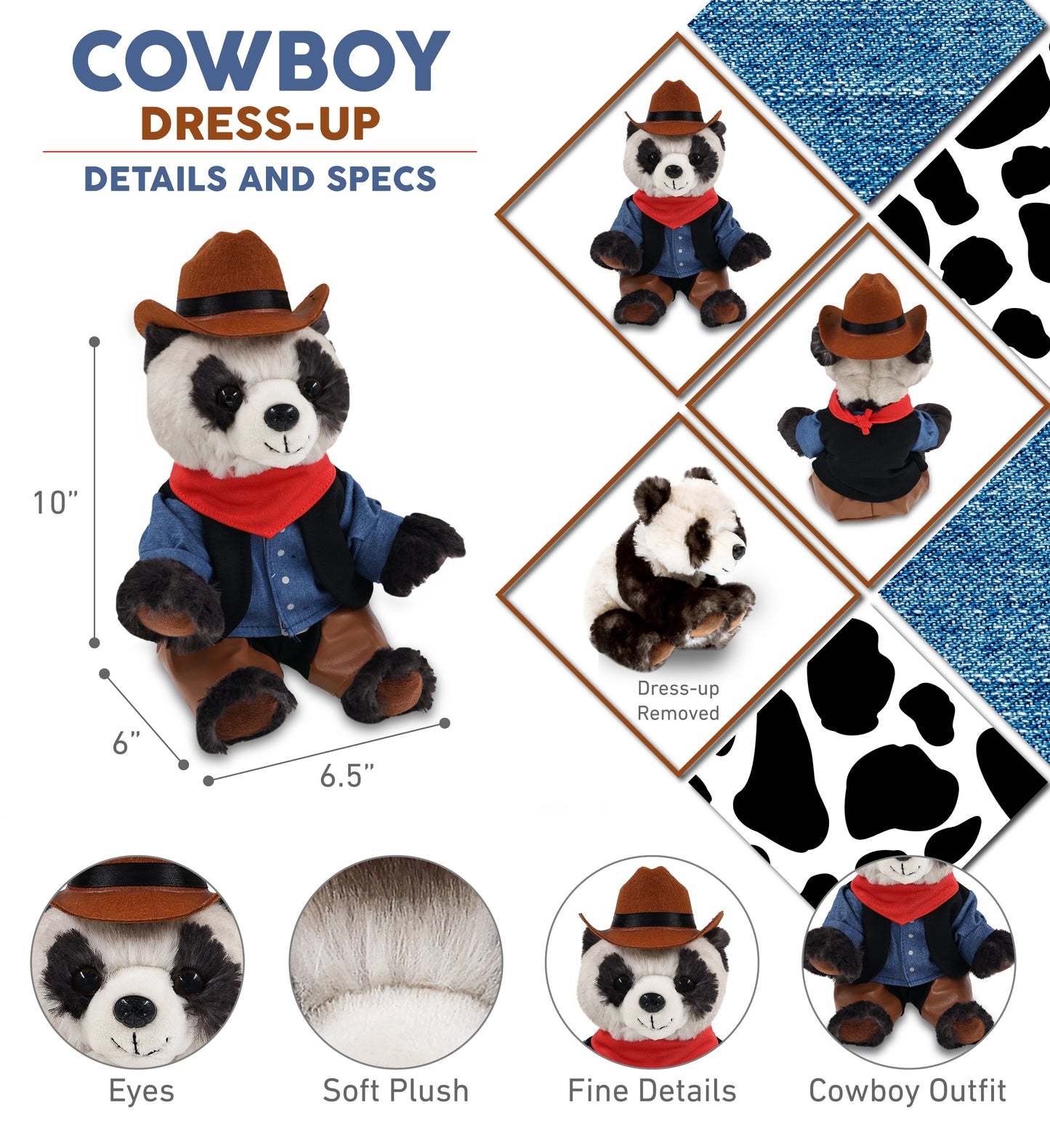 SUPER SOFT PLUSH - SQUAT PANDA 7 INCH COWBOY DRESS UP