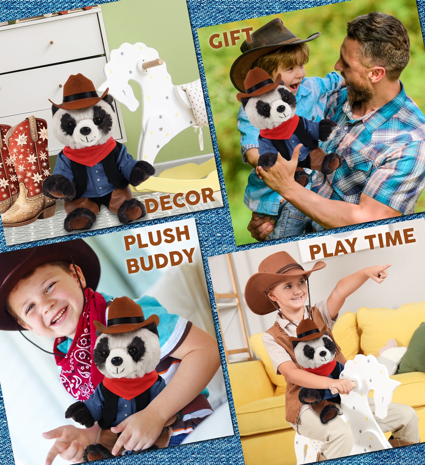 SUPER SOFT PLUSH - SQUAT PANDA 7 INCH COWBOY DRESS UP