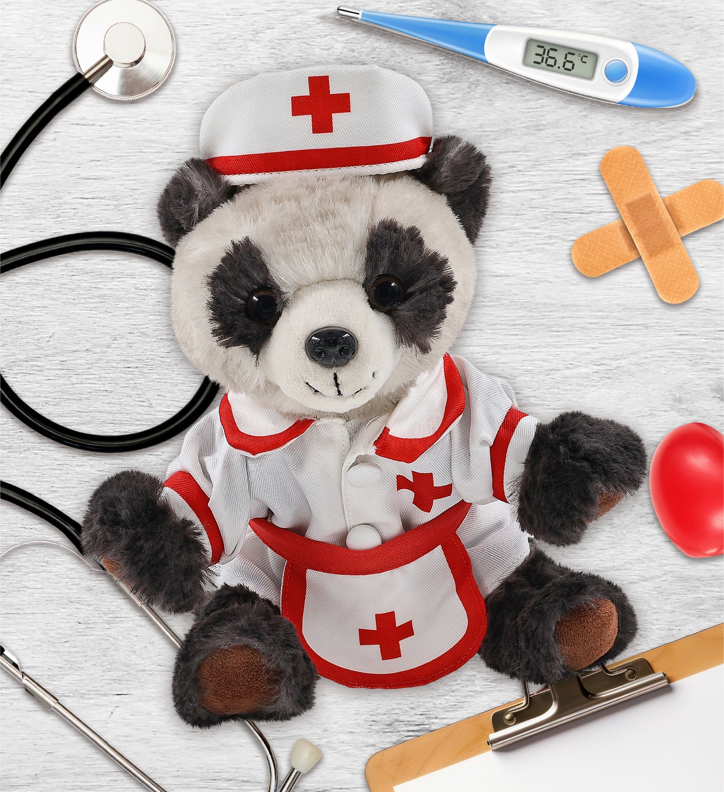 SUPER SOFT PLUSH - SQUAT PANDA 7 INCH With NURSE Dress-Up