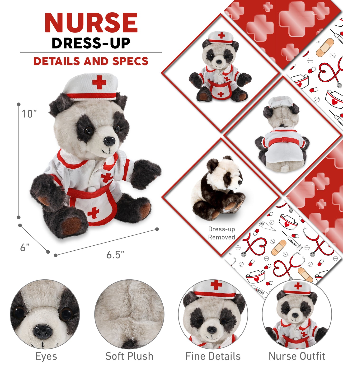 SUPER SOFT PLUSH - SQUAT PANDA 7 INCH With NURSE Dress-Up