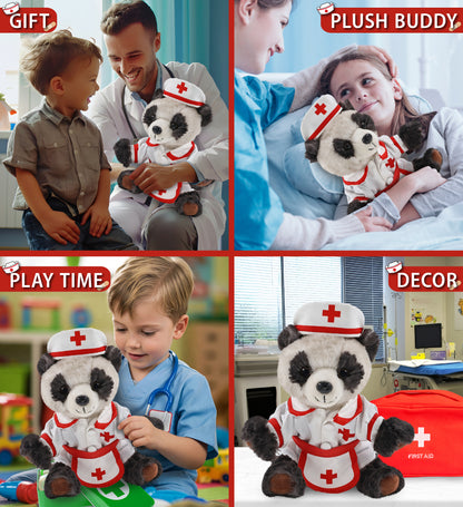 SUPER SOFT PLUSH - SQUAT PANDA 7 INCH With NURSE Dress-Up