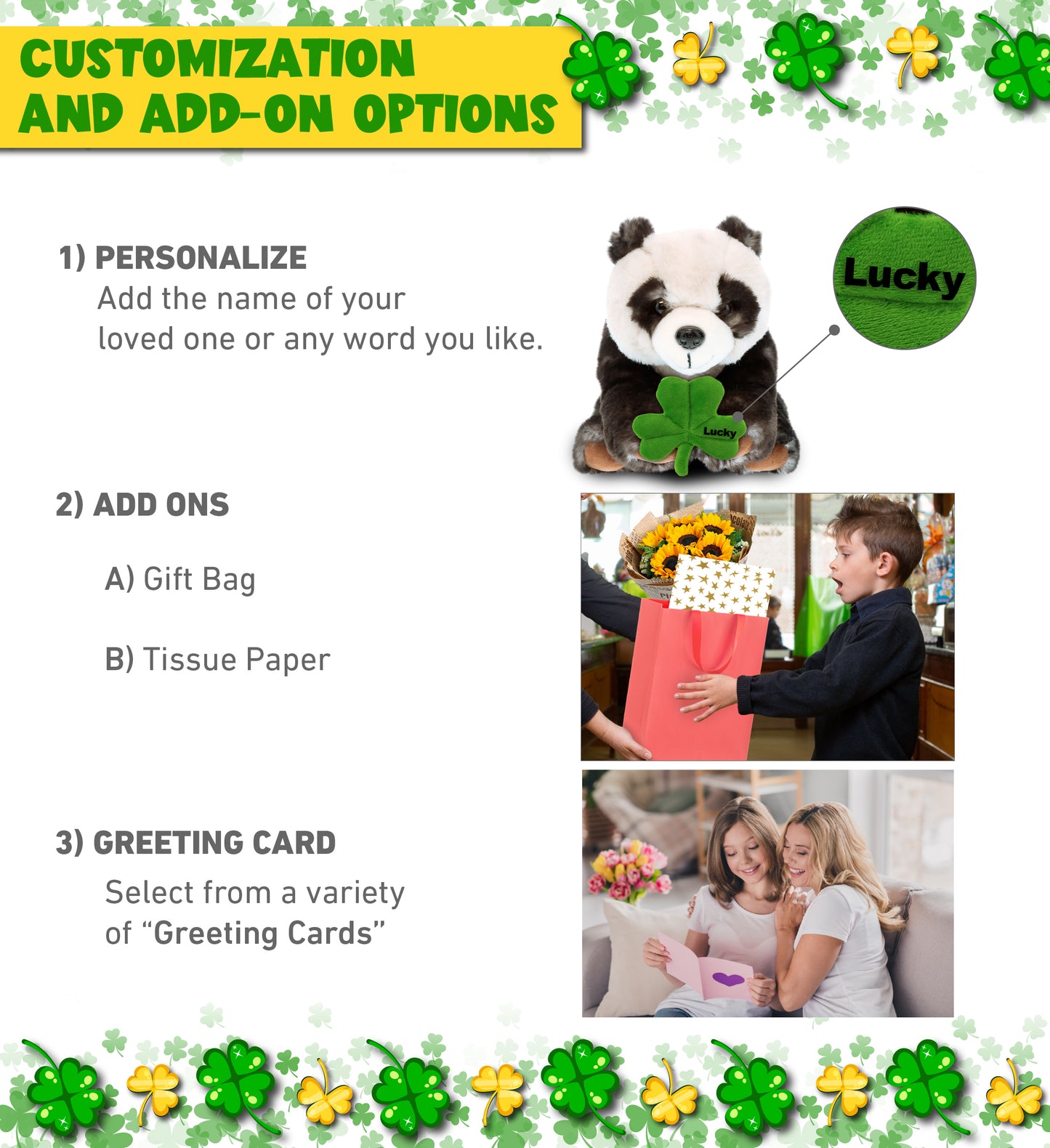 DolliBu Super Soft Panda Stuffed Animal with Green Plush Shamrock - 10 Inches