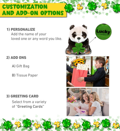 DolliBu Super Soft Panda Stuffed Animal with Green Plush Shamrock - 10 Inches