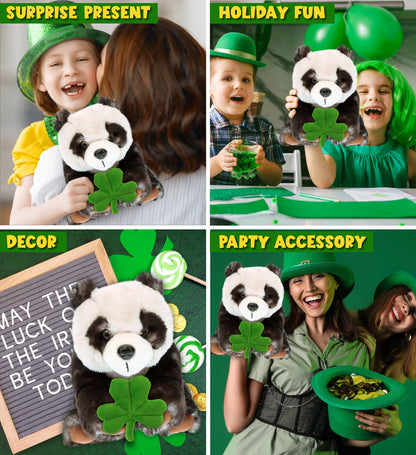 DolliBu Super Soft Panda Stuffed Animal with Green Plush Shamrock - 10 Inches
