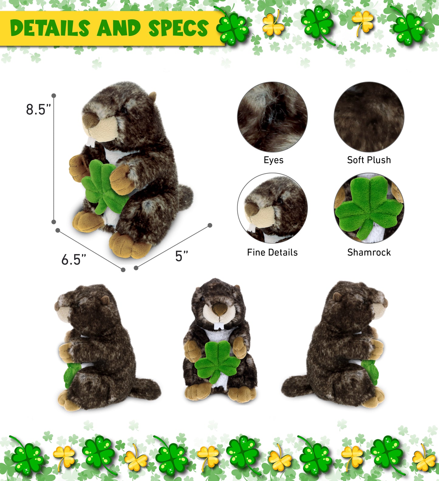 DolliBu Super Soft Marmot Stuffed Animal with Green Plush Shamrock - 8.5 Inches