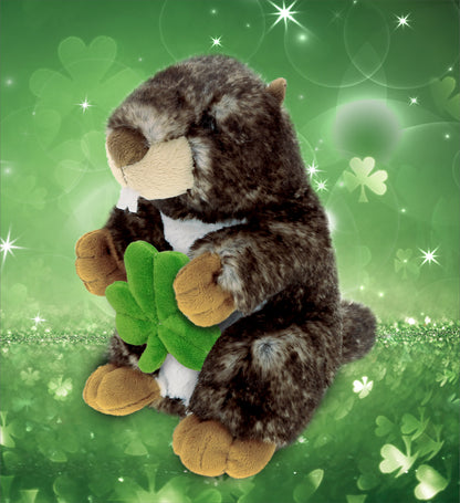 DolliBu Super Soft Marmot Stuffed Animal with Green Plush Shamrock - 8.5 Inches