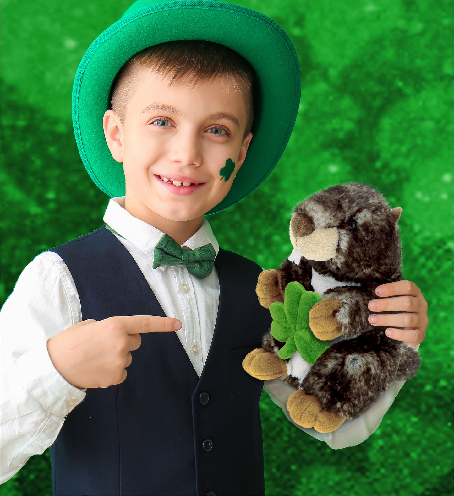 DolliBu Super Soft Marmot Stuffed Animal with Green Plush Shamrock - 8.5 Inches