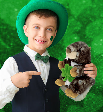 DolliBu Super Soft Marmot Stuffed Animal with Green Plush Shamrock - 8.5 Inches