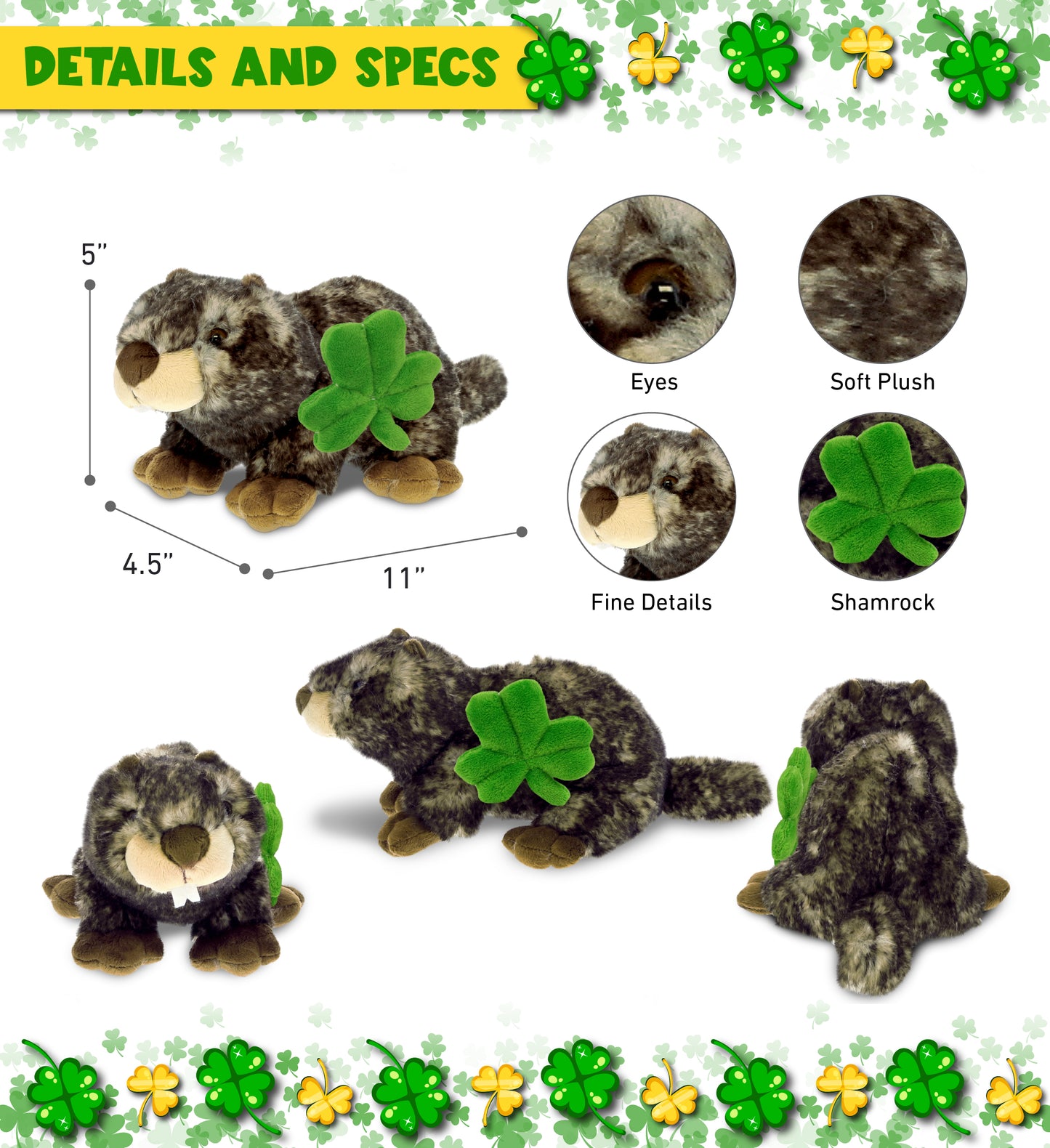 DolliBu Lying Brown Marmot Stuffed Animal with Green Plush Shamrock - 11 Inches