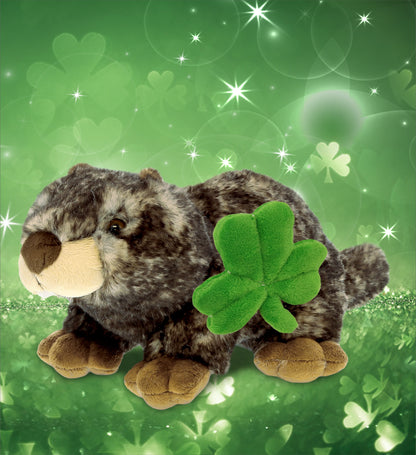 DolliBu Lying Brown Marmot Stuffed Animal with Green Plush Shamrock - 11 Inches