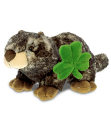 DolliBu Lying Brown Marmot Stuffed Animal with Green Plush Shamrock - 11 Inches