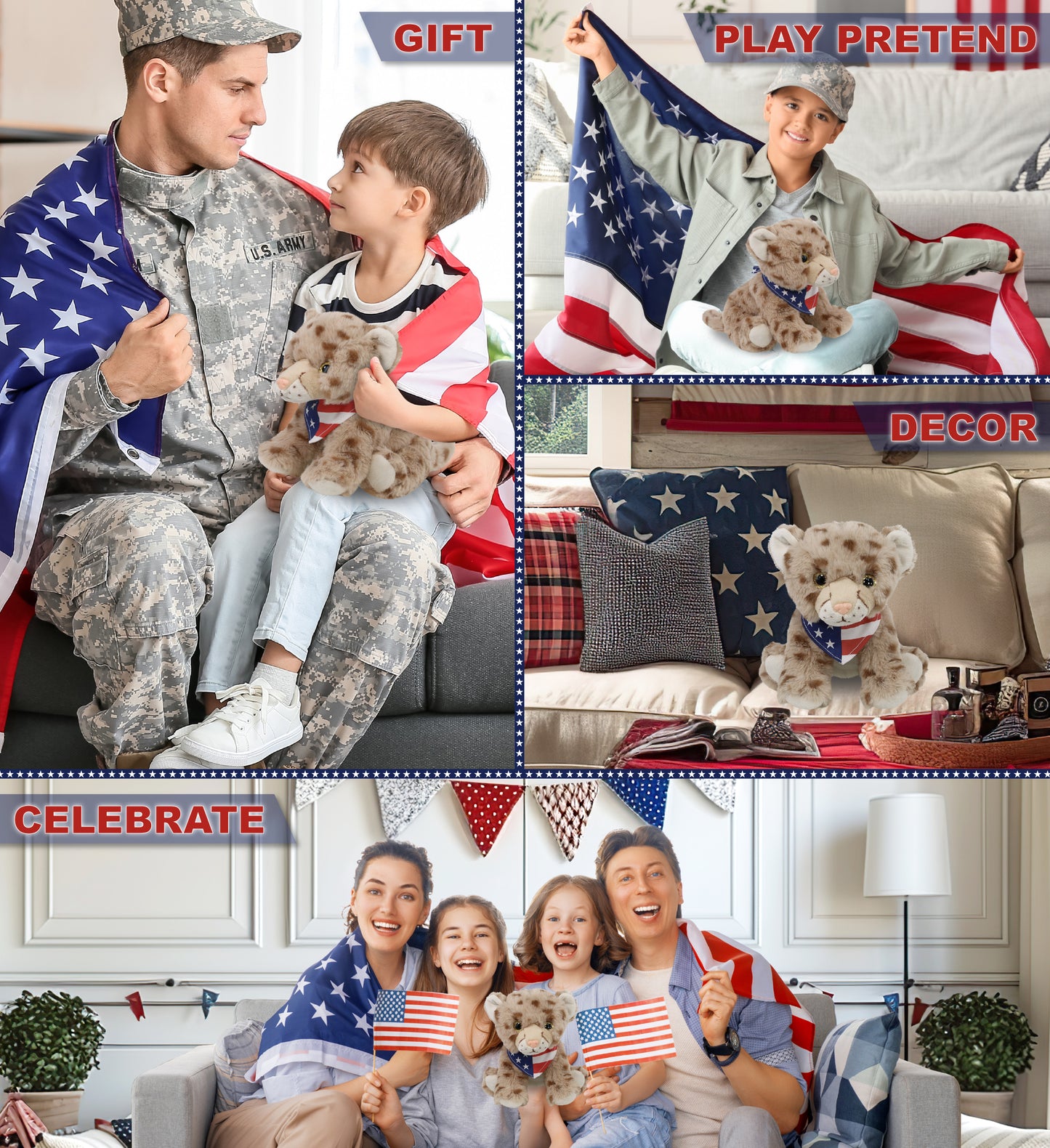 SUPER SOFT PLUSH - SQUAT CHEETAH 8.5 INCH WITH USA FLAG BANDANA