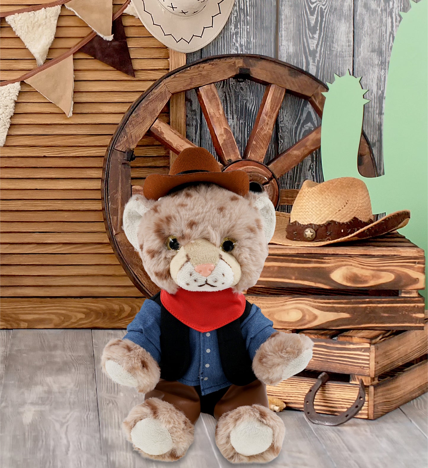 SUPER SOFT PLUSH - SQUAT CHEETAH 8.5 INCH With COWBOY Dress Up
