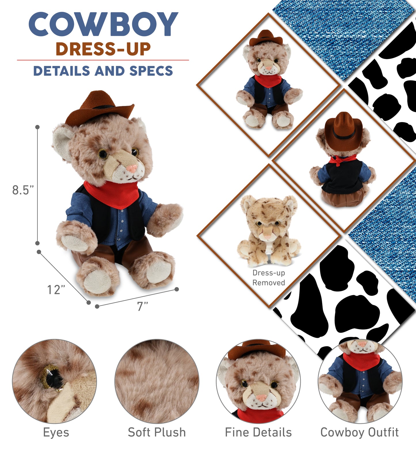 SUPER SOFT PLUSH - SQUAT CHEETAH 8.5 INCH With COWBOY Dress Up