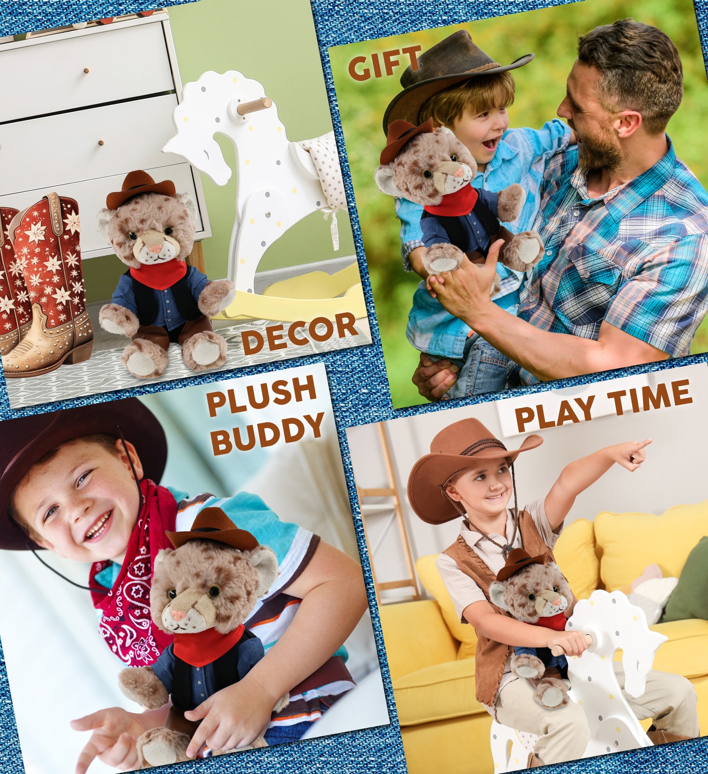 SUPER SOFT PLUSH - SQUAT CHEETAH 8.5 INCH With COWBOY Dress Up