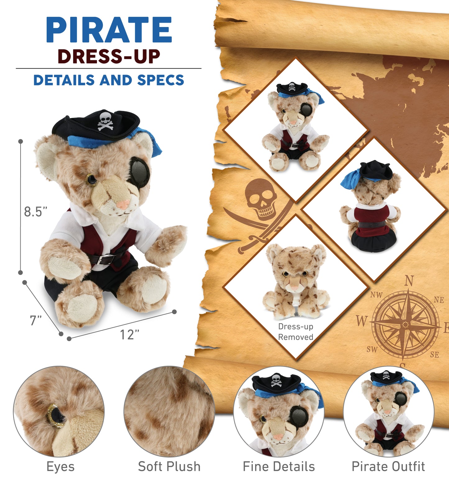 SUPER SOFT PLUSH - SQUAT CHEETAH 8.5 INCH PIRATE DRESS UP