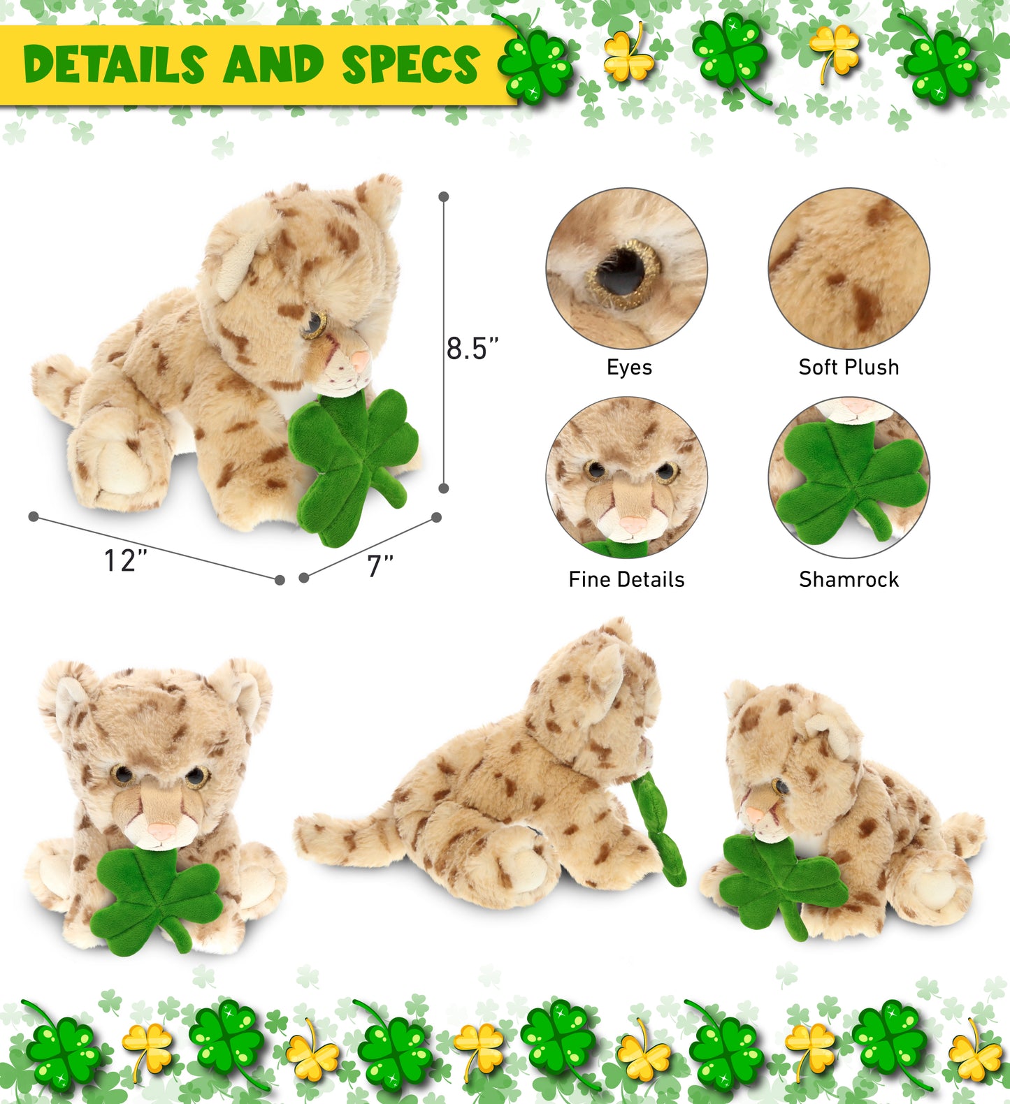 DolliBu Cute Cheetah Stuffed Animal with Green Plush Shamrock - 12.5 Inches