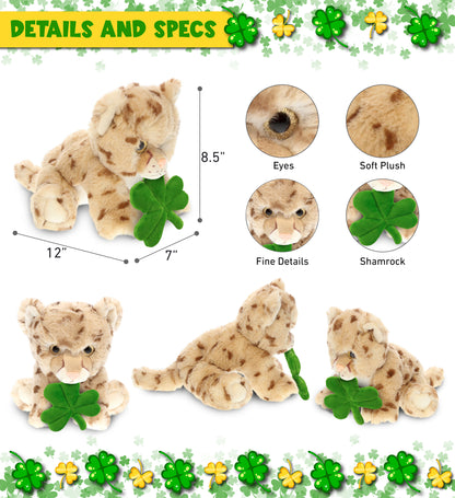 DolliBu Cute Cheetah Stuffed Animal with Green Plush Shamrock - 12.5 Inches
