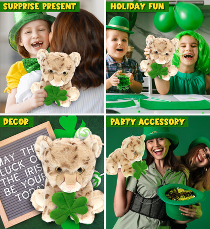 DolliBu Cute Cheetah Stuffed Animal with Green Plush Shamrock - 12.5 Inches
