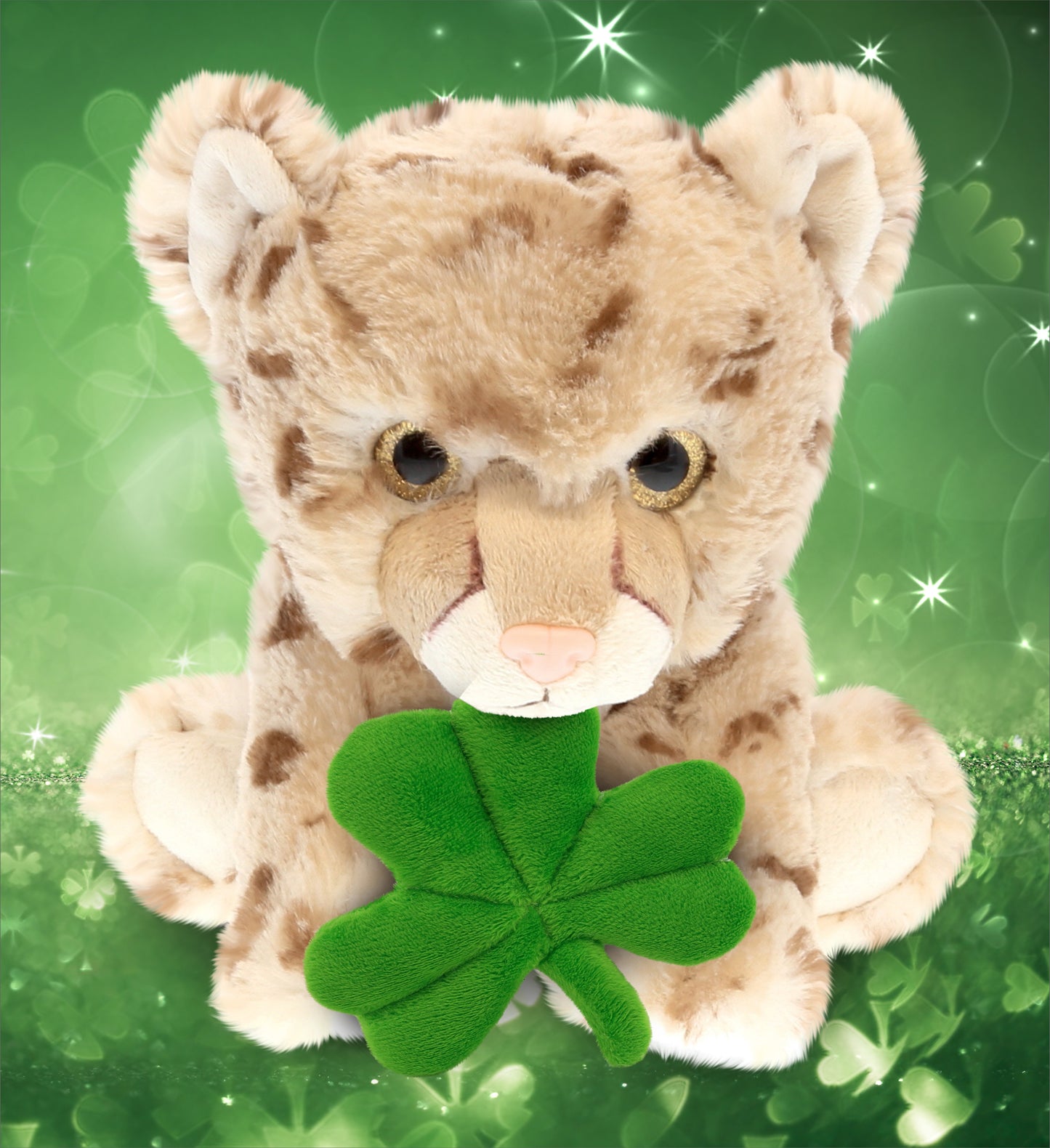 DolliBu Cute Cheetah Stuffed Animal with Green Plush Shamrock - 12.5 Inches