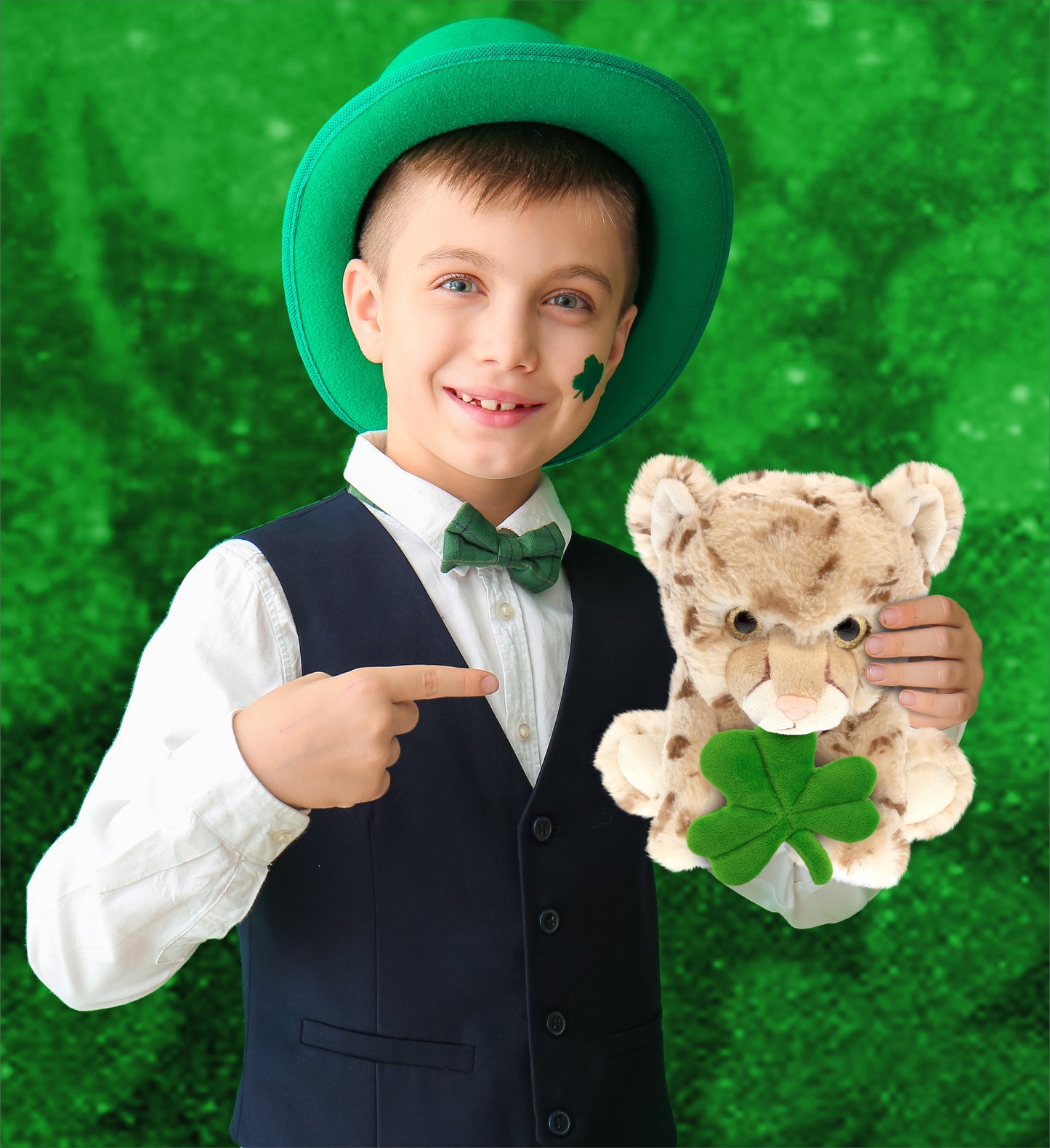 DolliBu Cute Cheetah Stuffed Animal with Green Plush Shamrock - 12.5 Inches