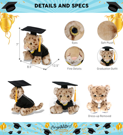 DolliBu Squat Cheetah Graduation Plush with Gown and Cap with Tassel - 8.5 Inch