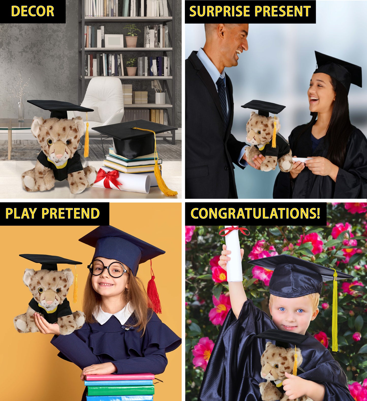 DolliBu Squat Cheetah Graduation Plush with Gown and Cap with Tassel - 8.5 Inch