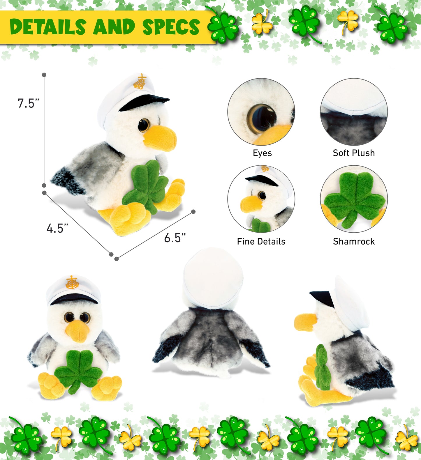 DolliBu Big Eyes Seagull Stuffed Animal with Green Plush Shamrock - 7.5 Inches