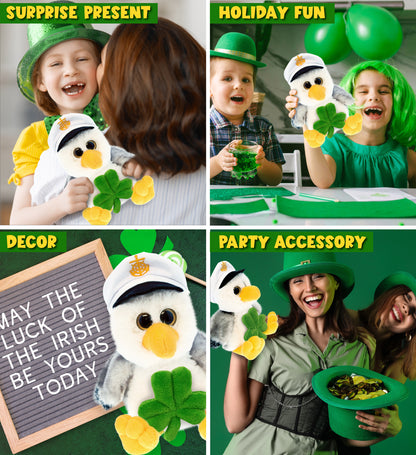 DolliBu Big Eyes Seagull Stuffed Animal with Green Plush Shamrock - 7.5 Inches