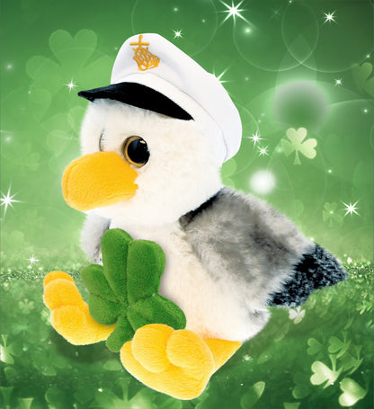 DolliBu Big Eyes Seagull Stuffed Animal with Green Plush Shamrock - 7.5 Inches