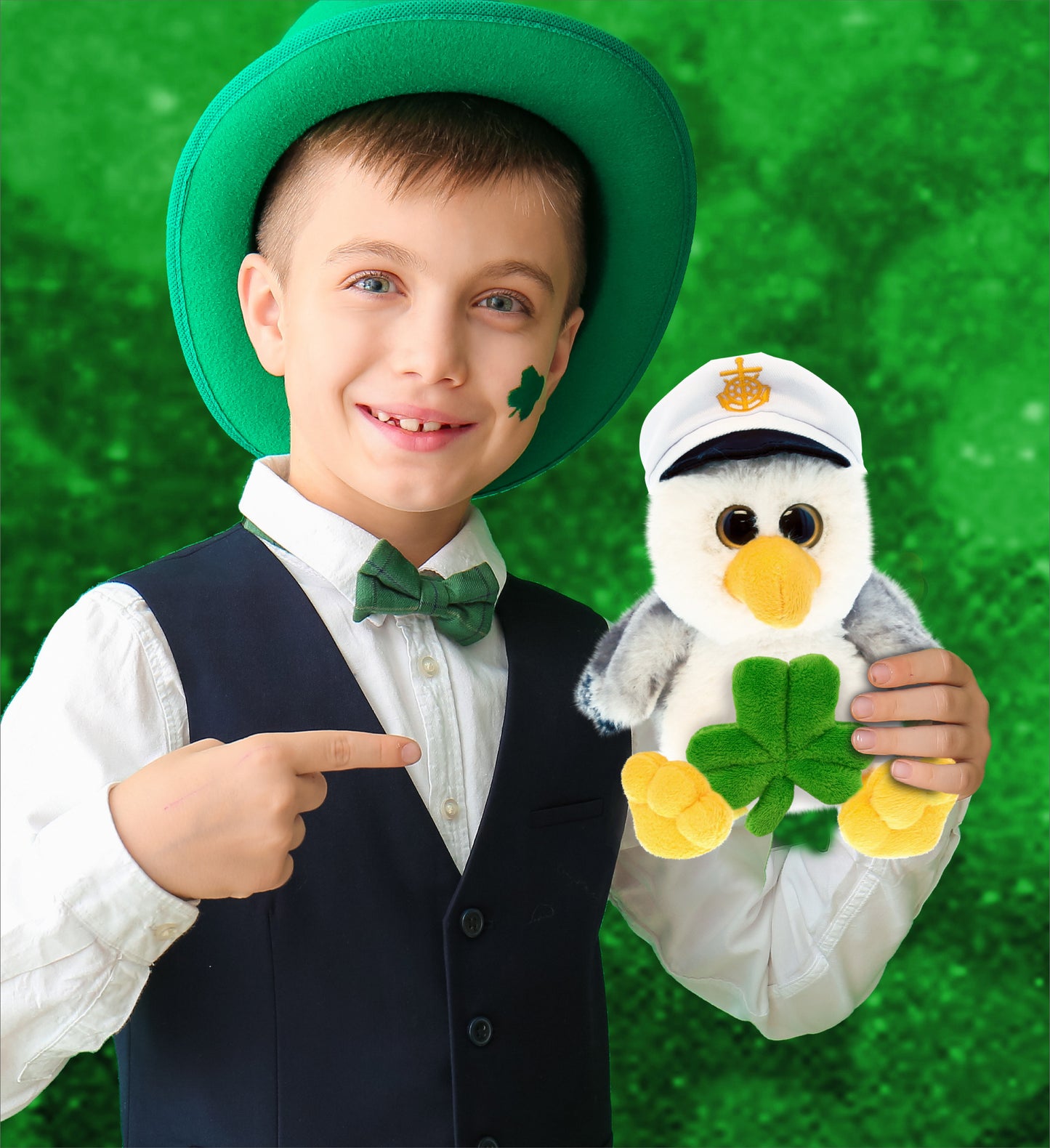DolliBu Big Eyes Seagull Stuffed Animal with Green Plush Shamrock - 7.5 Inches