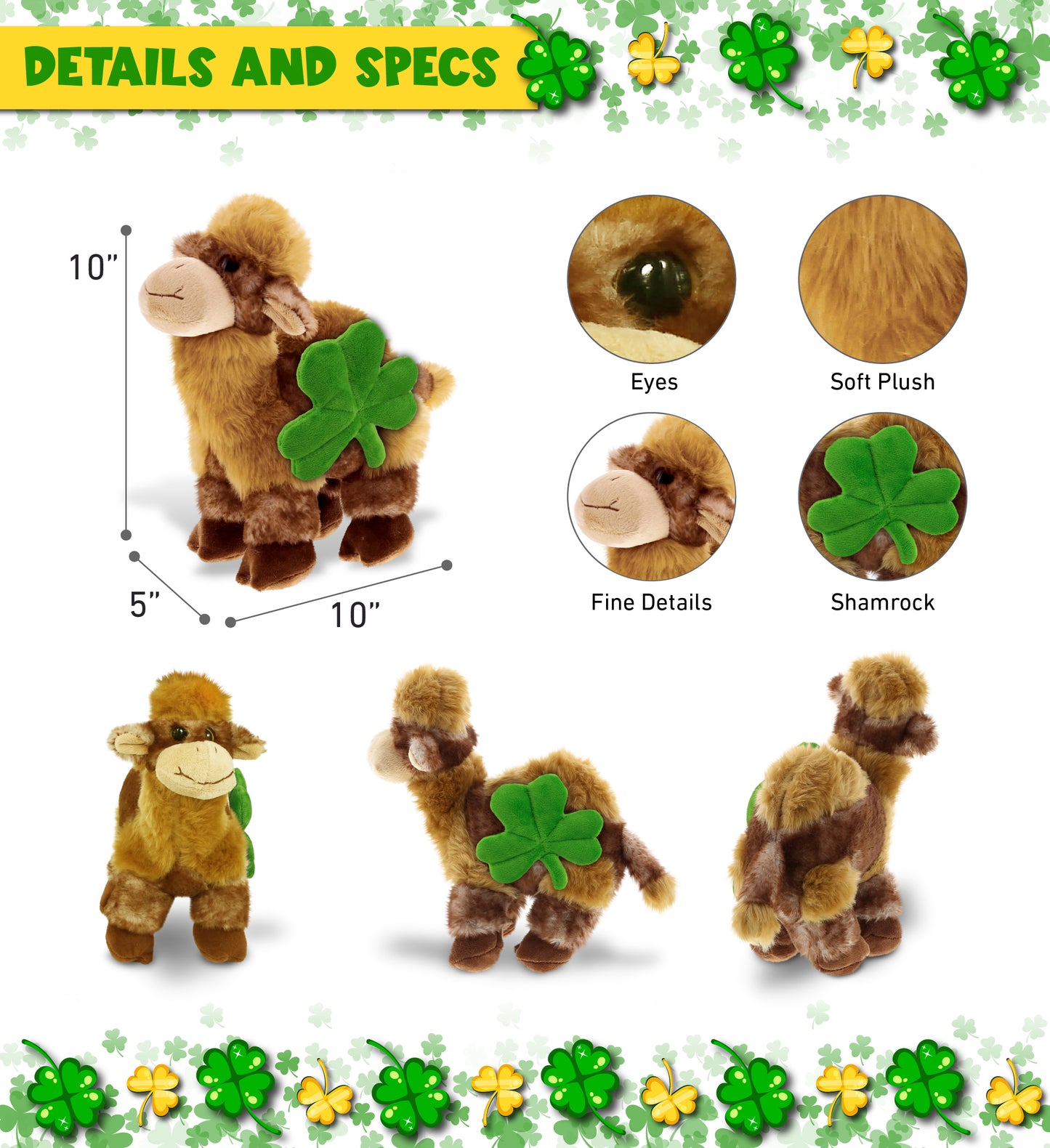 DolliBu Super Soft Camel Stuffed Animal with Green Plush Shamrock - 10 Inches