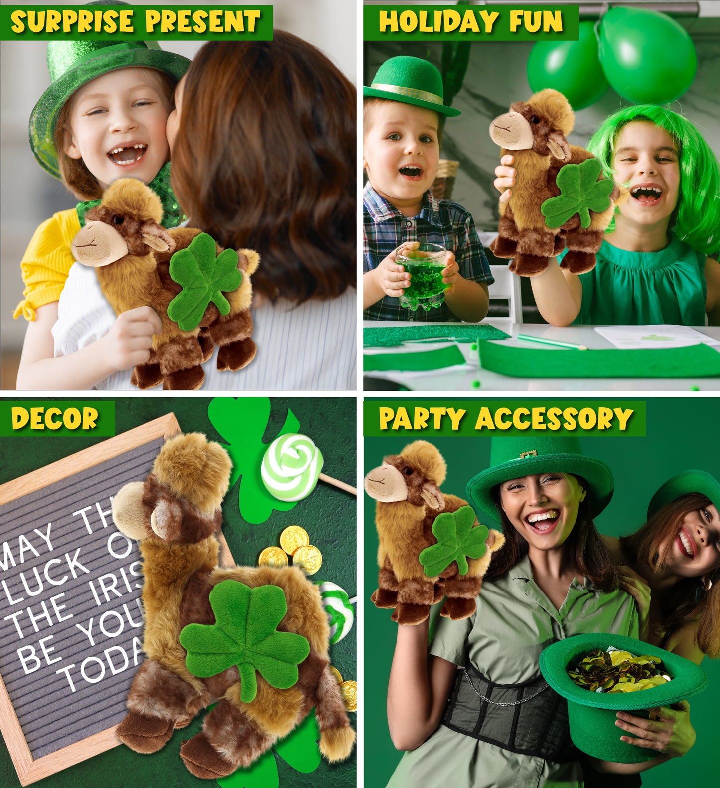 DolliBu Super Soft Camel Stuffed Animal with Green Plush Shamrock - 10 Inches