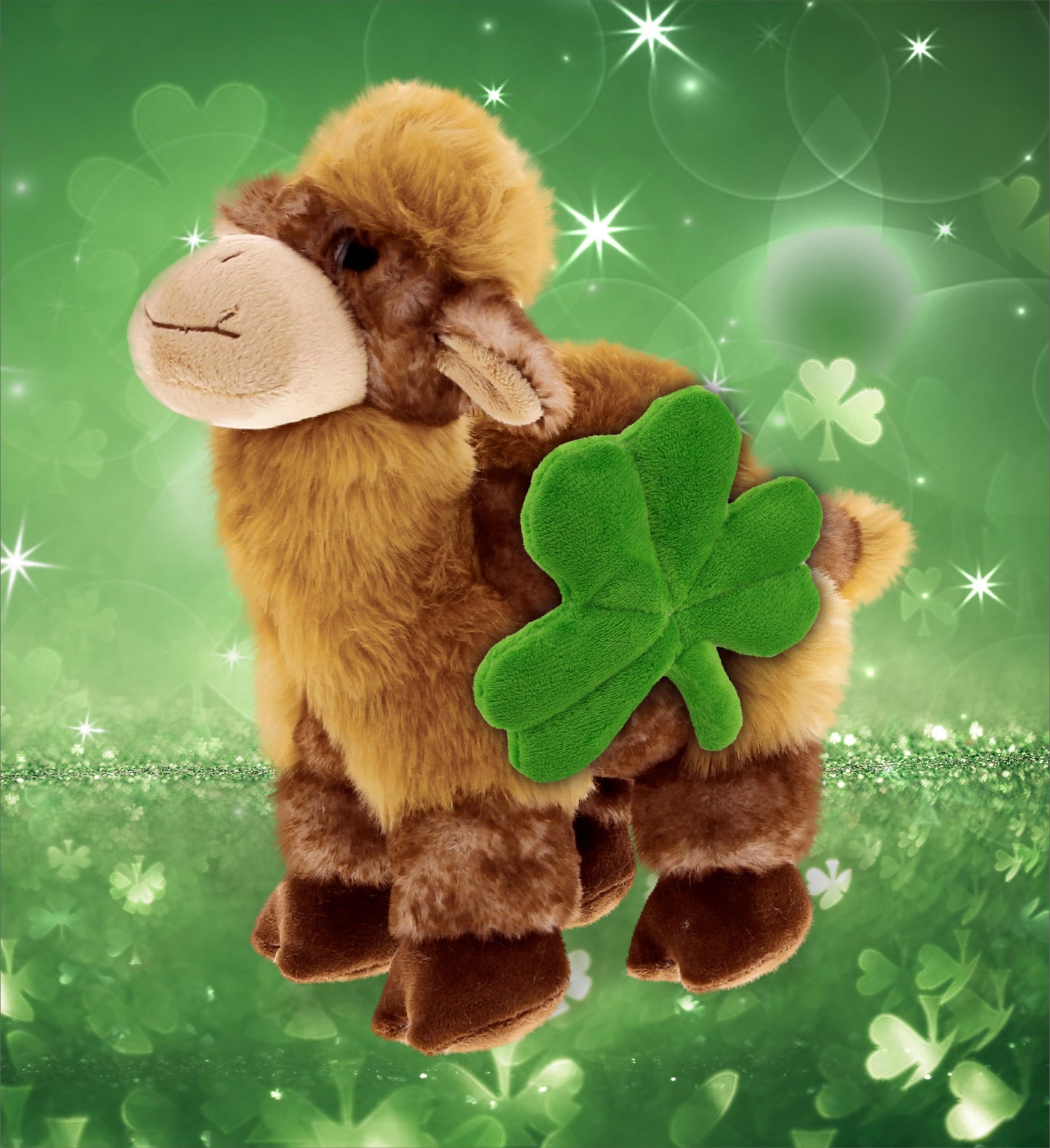 DolliBu Super Soft Camel Stuffed Animal with Green Plush Shamrock - 10 Inches